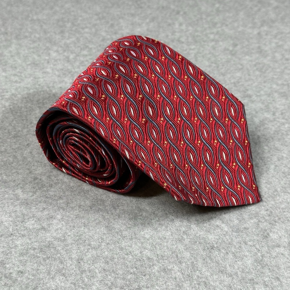 Jos A Bank Red Silk Tie Italy Geometric Wave Pattern Wide Width 59x3.9in